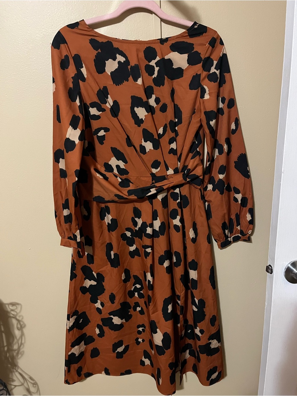 Women's Rust Animal Print Long Sleeve Tie-Waist Dress